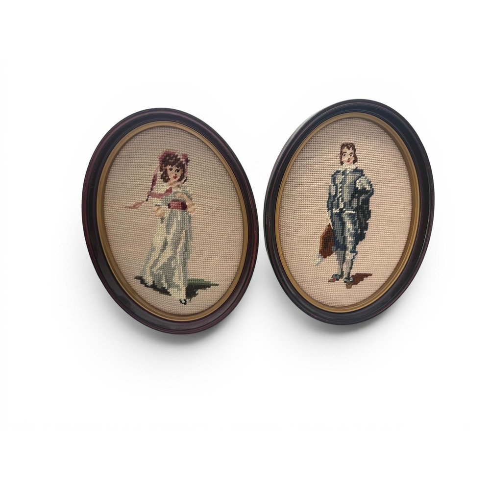 Mid-Century Framed Needlepoint Pair  Gainsborough's Blue Boy & Lawrence's Pinkie